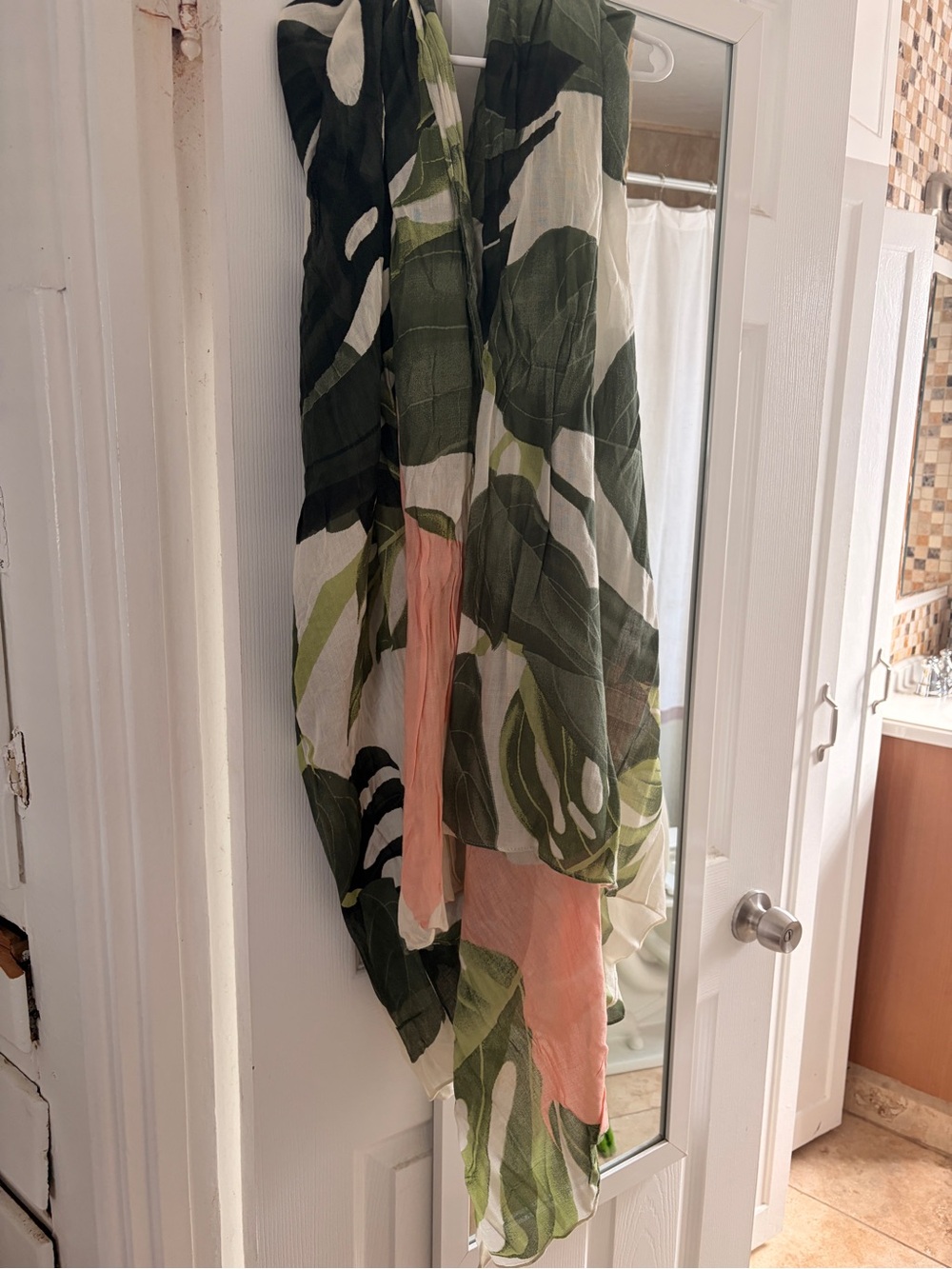 Leaf Print Lightweight Scarf in Green, White & Coral